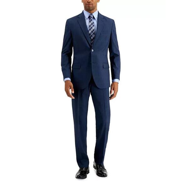Nautica Men's Modern-Fit Bi-Stretch Suit Blue Plaid Size 36R 30W - Picture 1 of 11